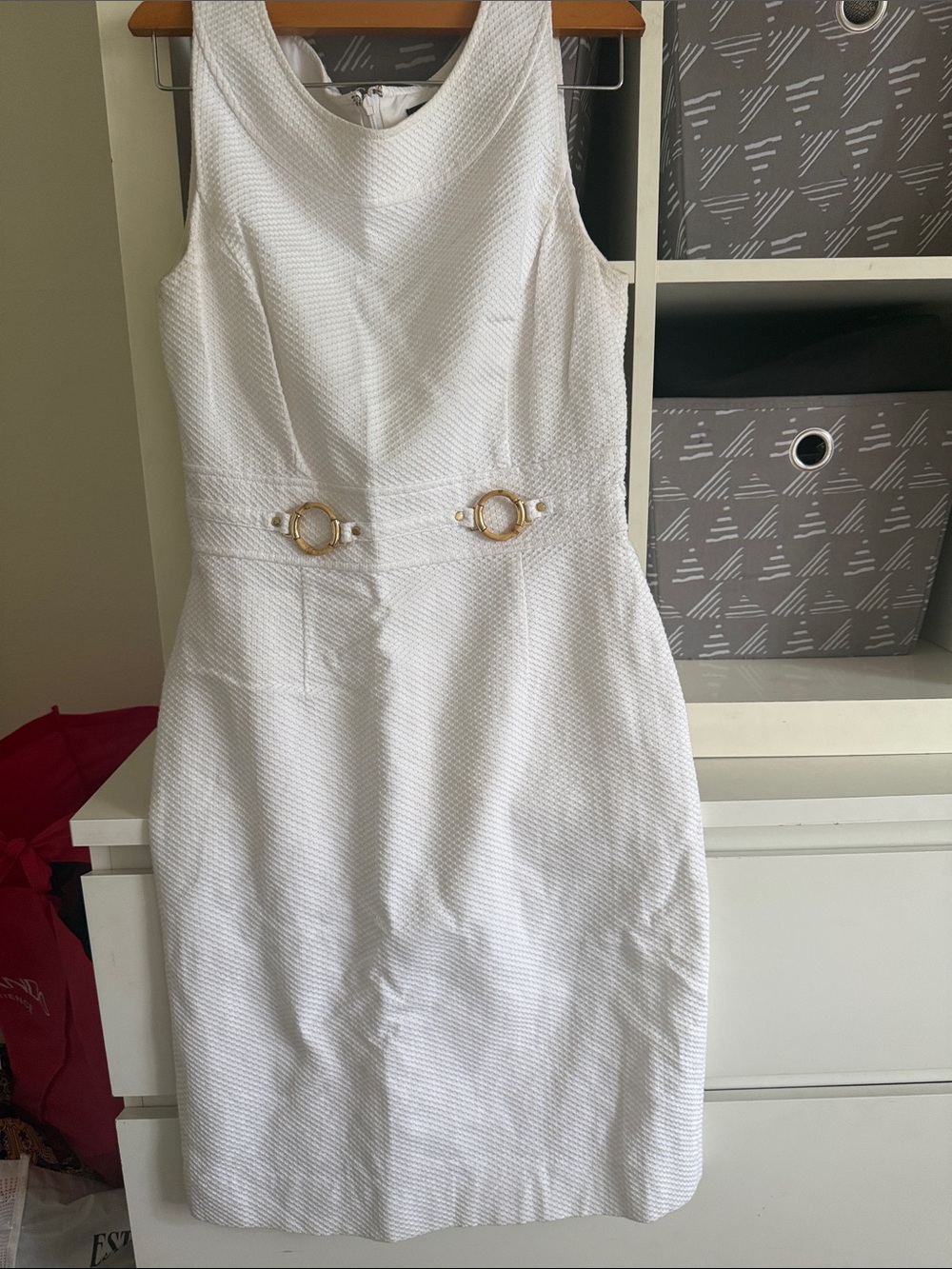 White Textured Sleeveless Sheath Dress with Gold Ring Details